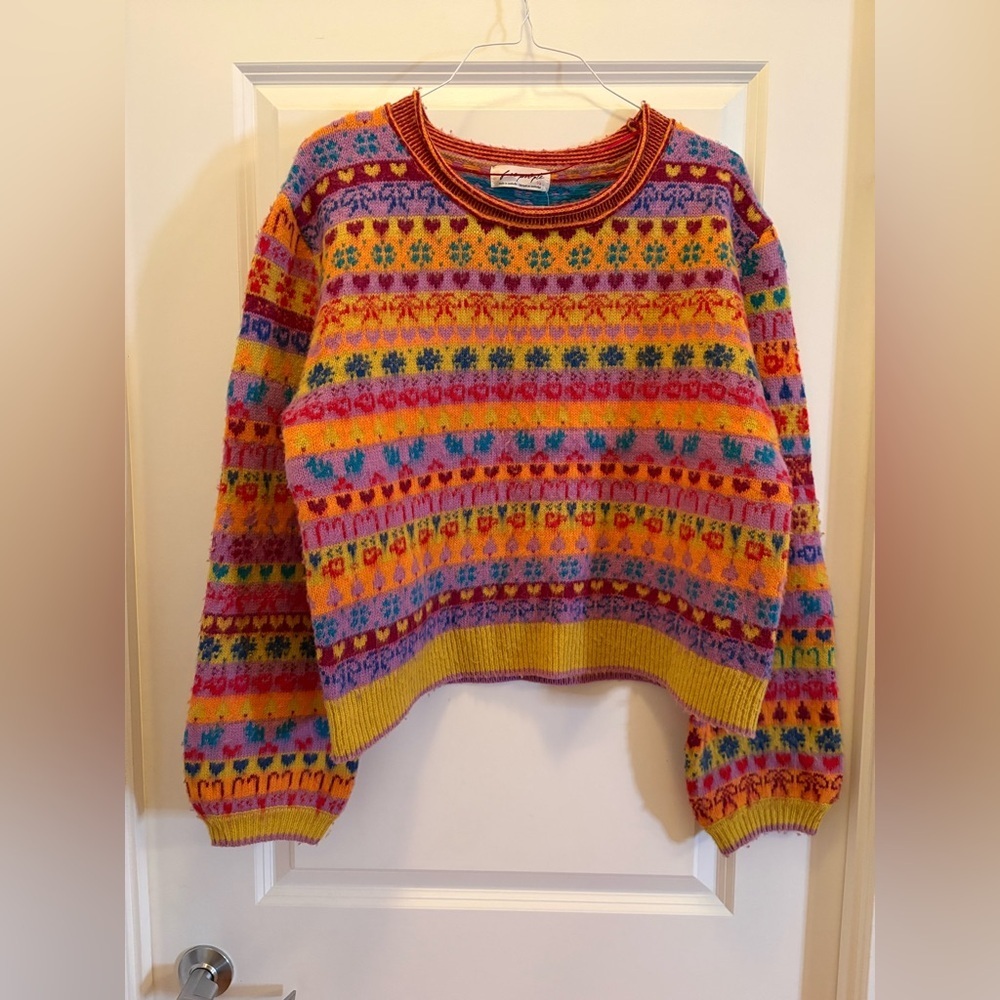 Free People Favorite Things Wool Sweater Bright Confetti Jacquard Knit Size L - Picture 12 of 16